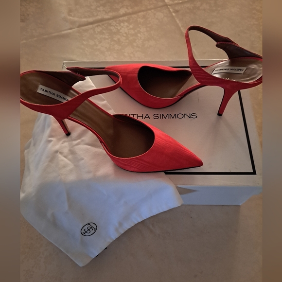 TABITHA SIMMONS ALLIE RED MOIRE HIGH MULE HEELS 38.5/US 7.5/8. NEW - Picture 2 of 8